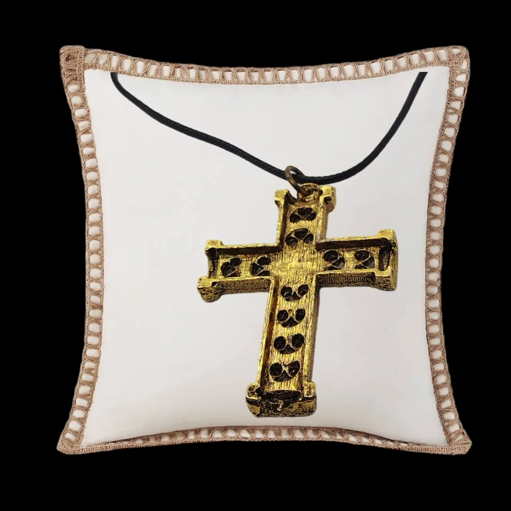 Gold Plated Cross with a Beautiful Embossed Design and Black Leather Necklace